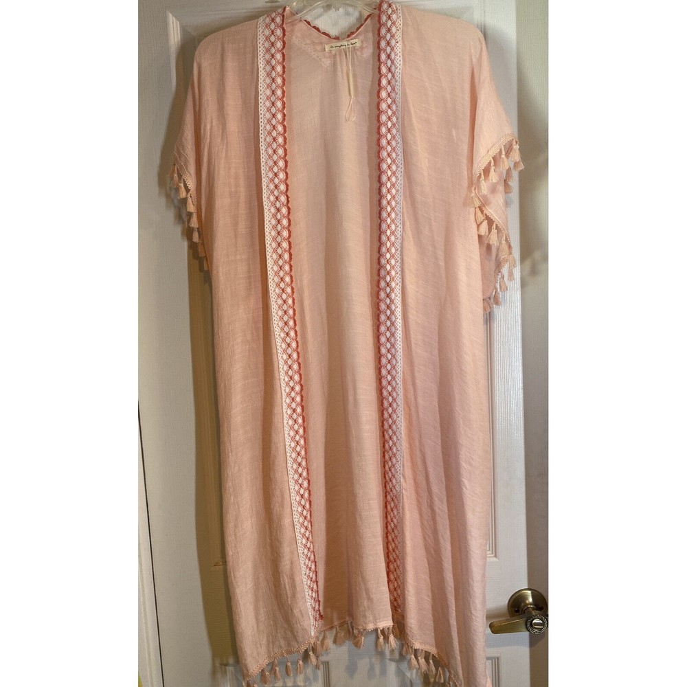 Anthropologie Do Everything In Love Kimono Duster Open Front Boho Pink Tassel OS
